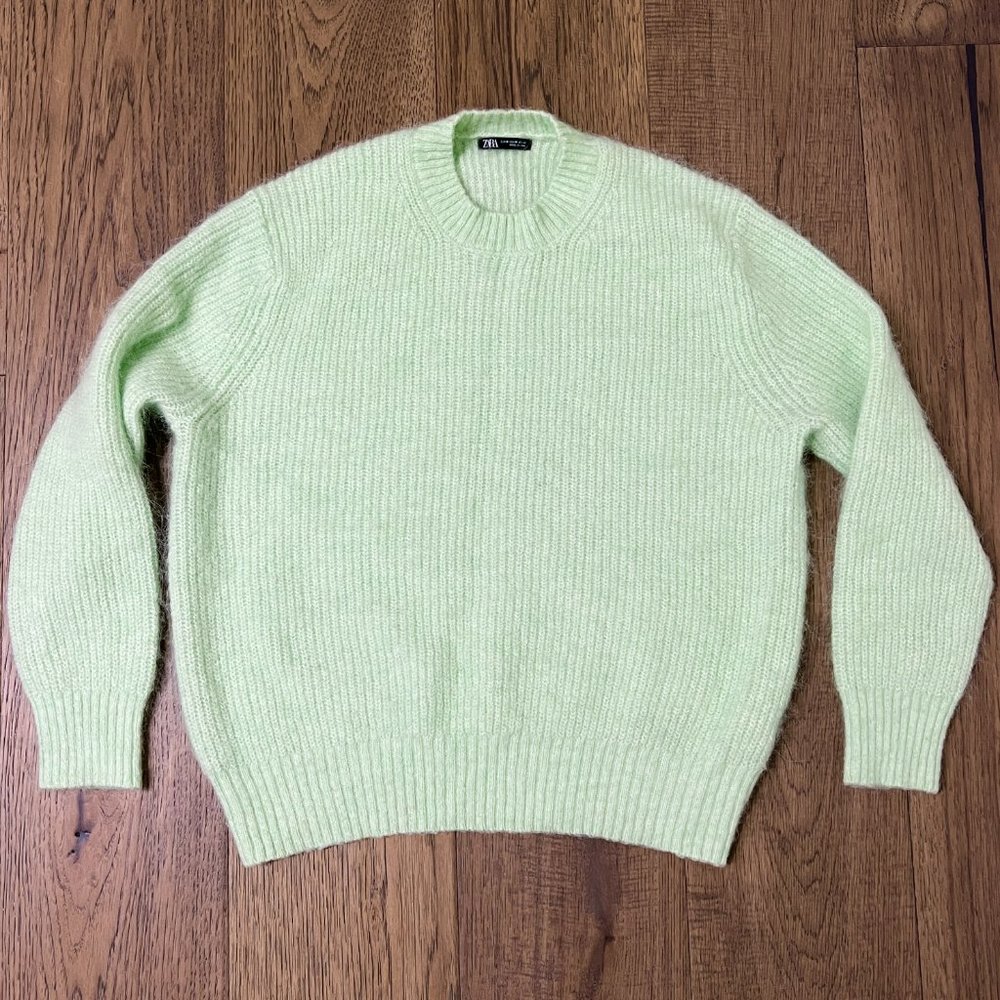 Zara Alpaca Wool Blend Fuzzy Knit Mint Light Green Chunky Sweater Jumper M